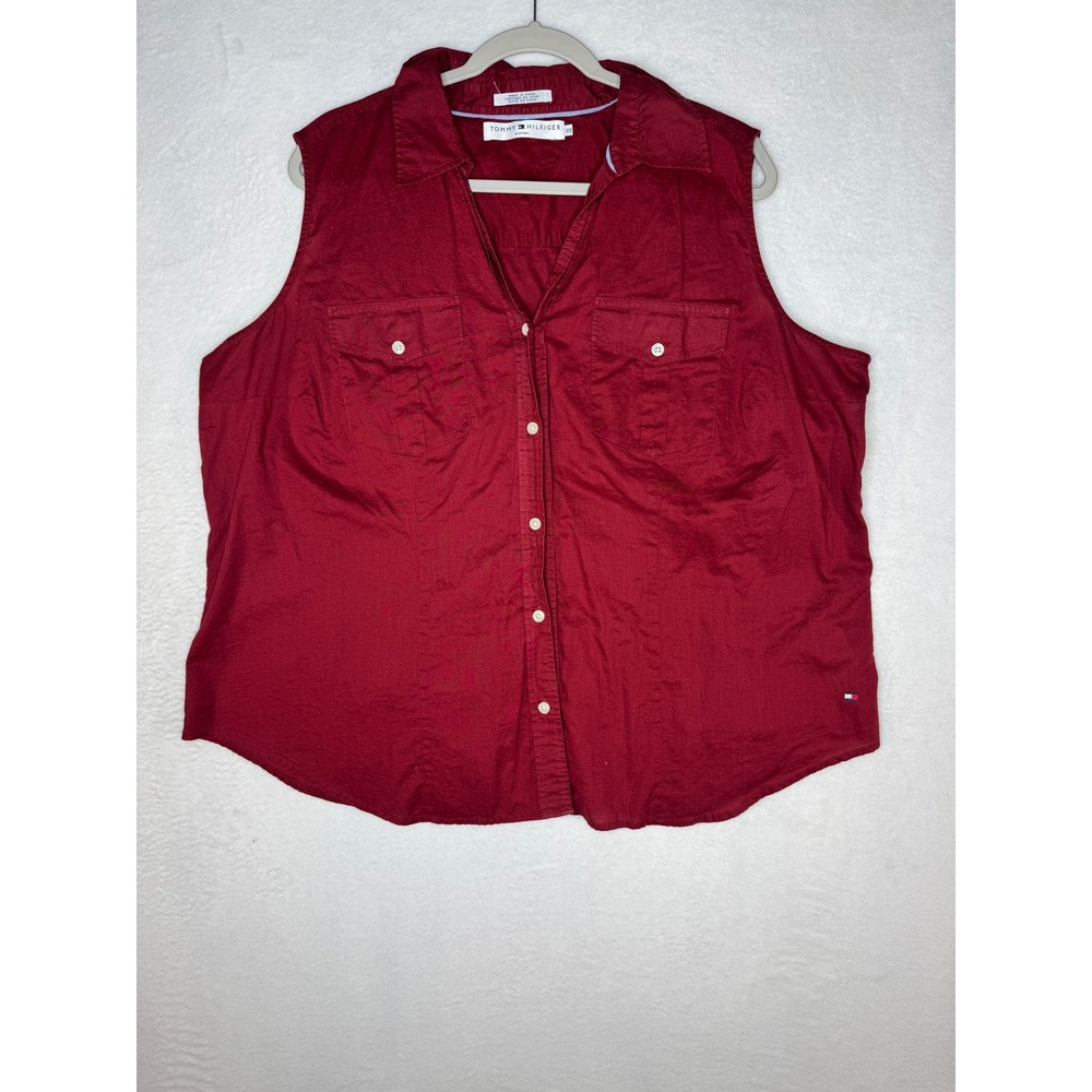 Tommy Hilfiger Womens Red Sleeveless Button Down Shirt Plus Size 22 Collared Top